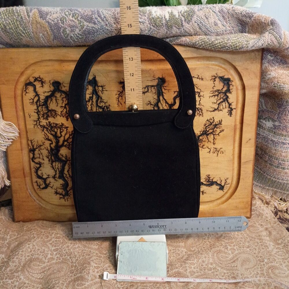 Vtg 1940s Koret Black Suede Handbag Purse Gold Clasp Mid Century and Mirror